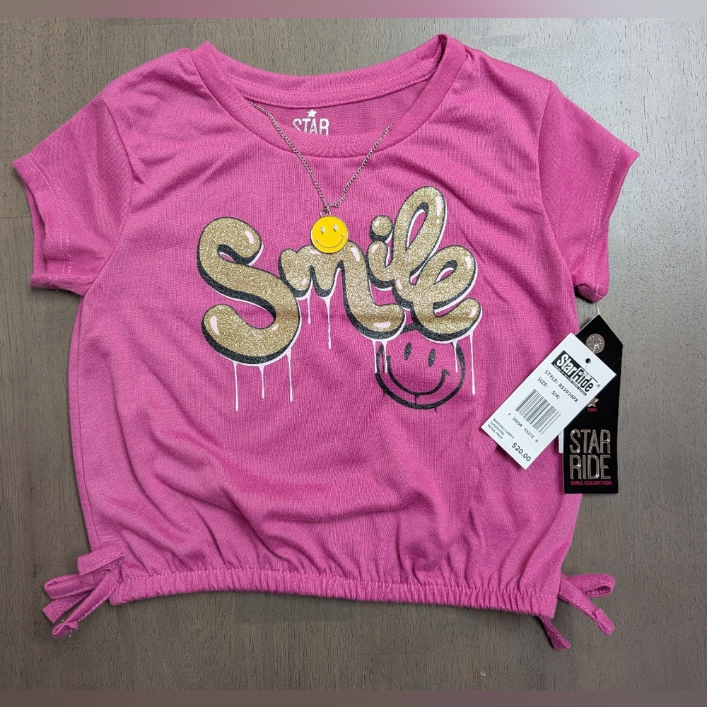 Pink Smile Graphic Tee with Attached Necklace